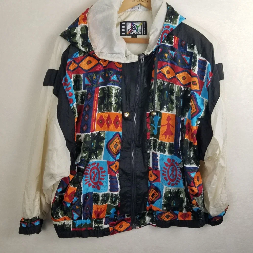 River Edge Sport Womens‎ Geometric Print Windbreaker Jacket Petite PL